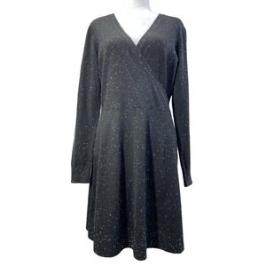 LOFT Sweater Dress Womens M Gray Speckled Knit Wrap Knee Length Long Sleeve